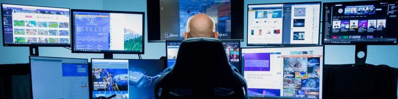 Sam Schwartz at the multi-monitor command desk